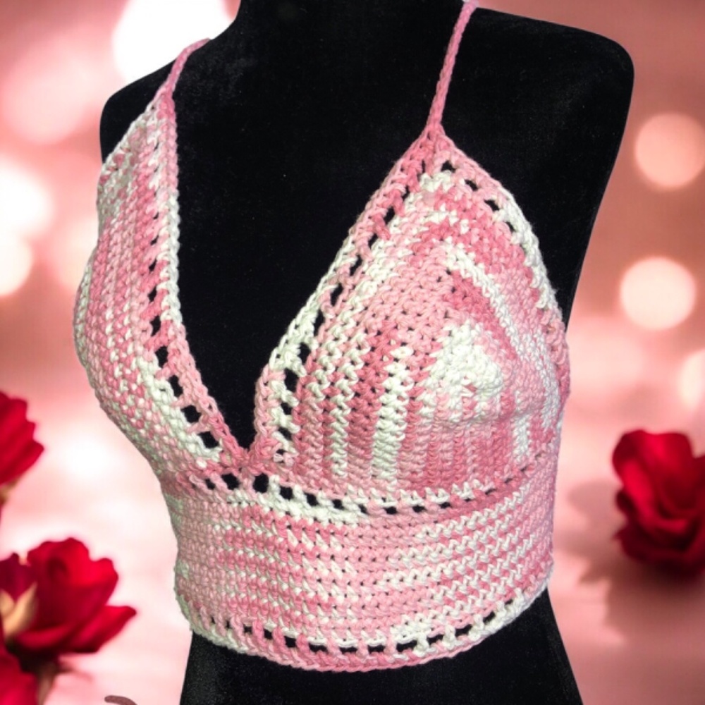 Crochet Bralette Top – Boho Festival Crop Top w/Lace-Up Back in Strawberry Pink